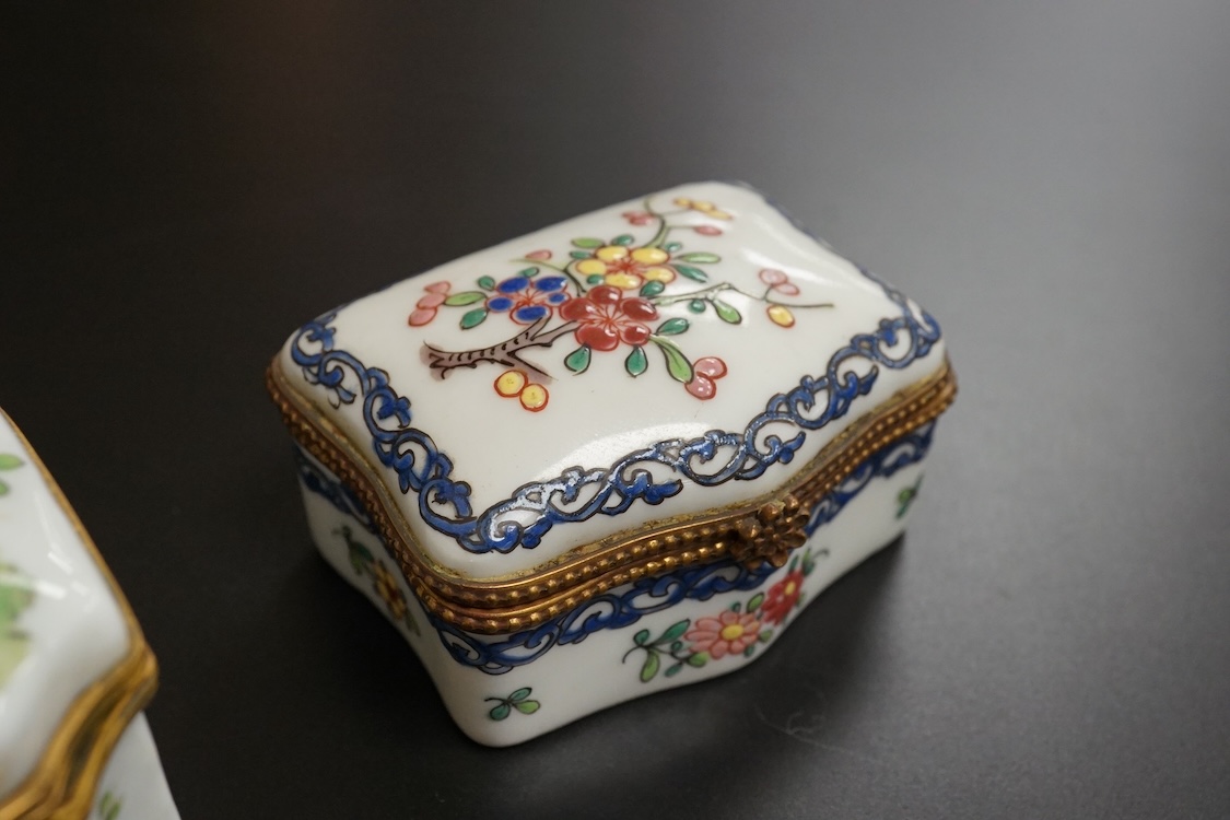 A collection of Continental hand painted and enamelled patch boxes, largest 9cm wide
